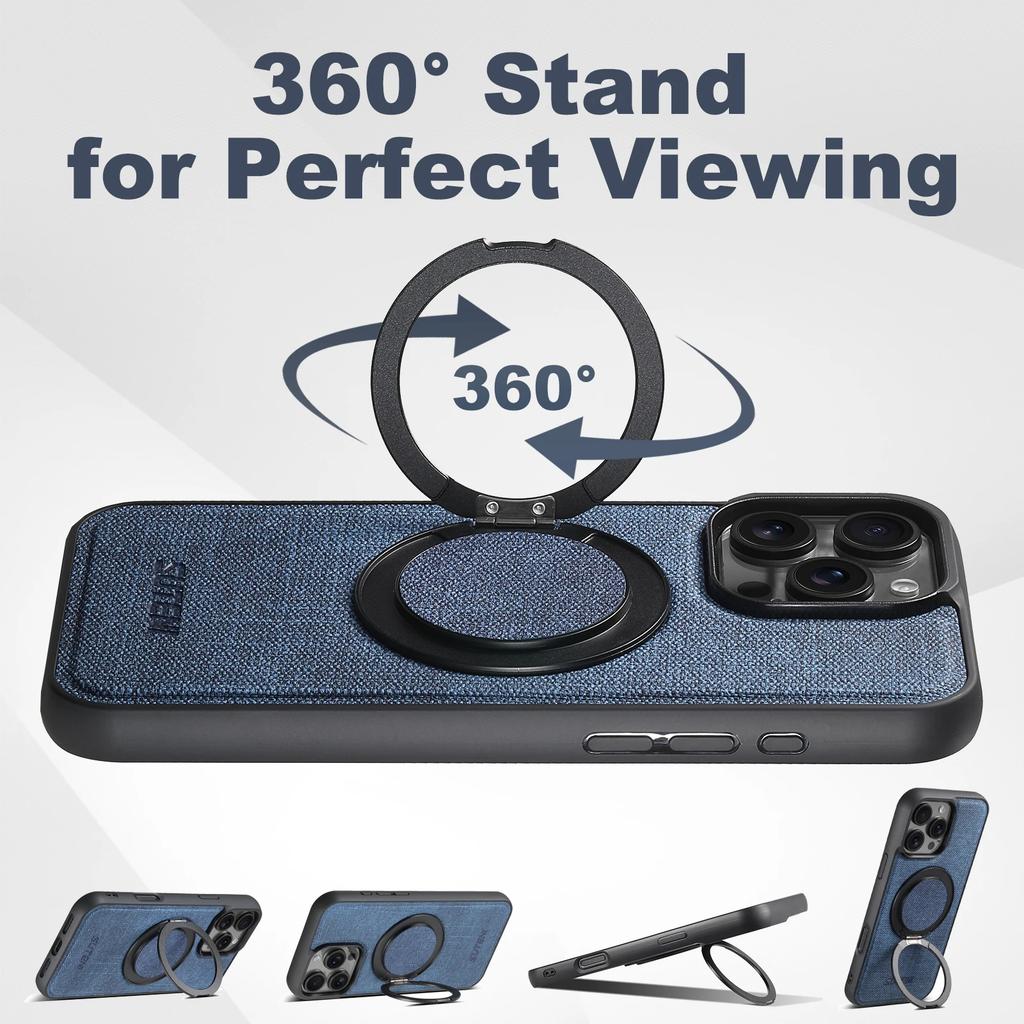 360° Bracket Magnetic Fabric Denim Pattern Phone Case for IPhone 16 Pro Max 15 Plus 14 13 12 Stand Ring Holder Protective Cover