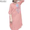 ZANZEA Women Casual Turn Down Collar 3/4 Sleeve Loose Embroidered Shirt Dress