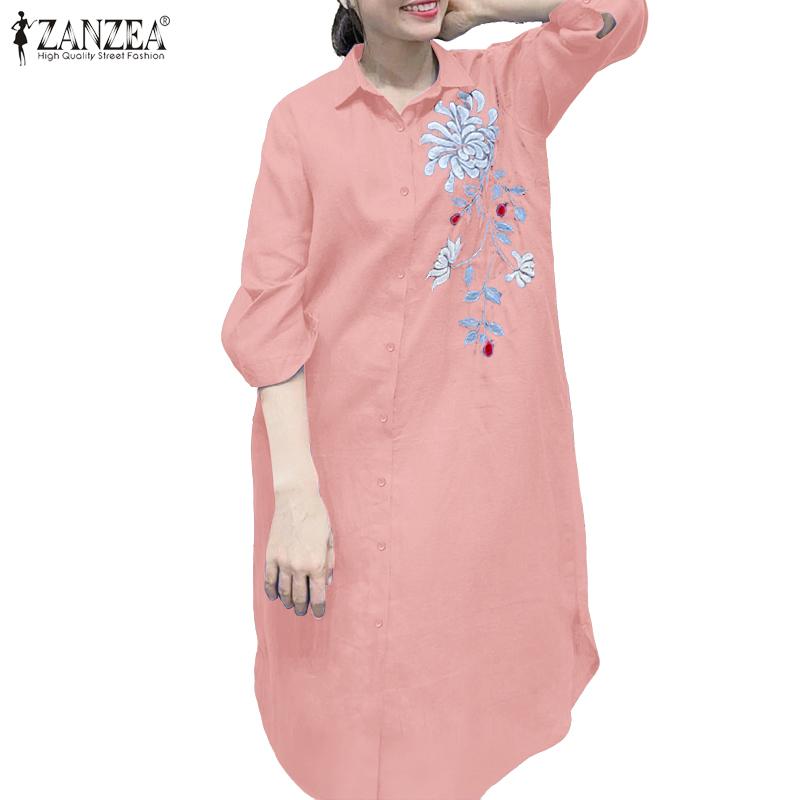 ZANZEA Women Casual Turn Down Collar 3/4 Sleeve Loose Embroidered Shirt Dress