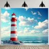 2D-Ebene 1 Leuchtturm im Küstenstil und Hintergrund mit Möwen Hawaiianische Strandparty-Banner