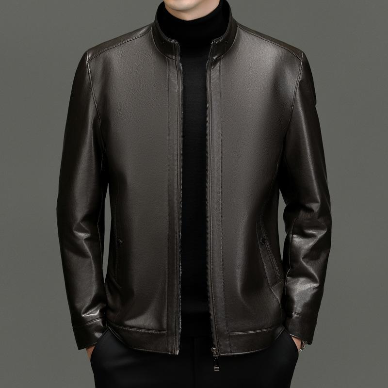 Herrenjacke aus echtem Leder mit Stehkragen, mittleren Alters, plus Samt und verdicktem Fell, All-in-one, lässiger, lockerer Mantel, Lederjacke, trendig