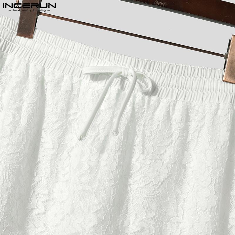 INCERUN Men Drawstring Elastic Waist Lace Patchwork Beach Loose Long Pants