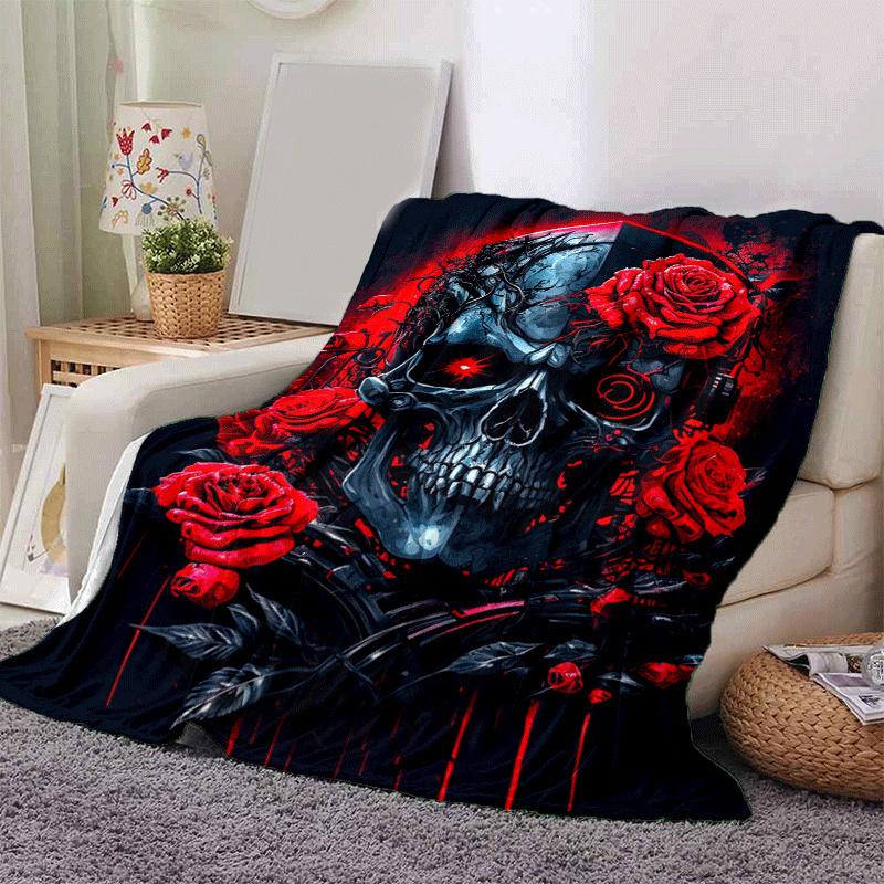 1pc Skull Printing Lightweight Flannel Blanket, Comfortable and Warm Blanket, for Camping Sofa Bed and Couch Office, Gift
