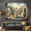 Elegant Rococo Garden Tapestry, 18th-Century Musicians Performing in a Flower-Filled Palace Courtyard, Ornate Vintage Wall Art