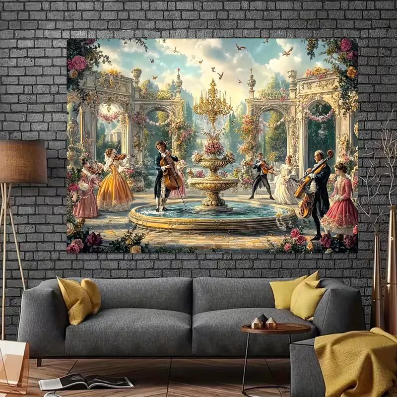 Elegant Rococo Garden Tapestry, 18th-Century Musicians Performing in a Flower-Filled Palace Courtyard, Ornate Vintage Wall Art