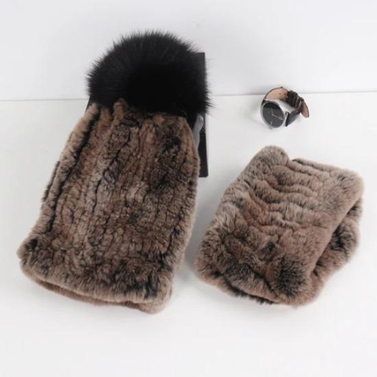 New Fashion Knitted Good Elastic Real Fur Scarf Hat Sets Women Winter Warm Natural Rex Rabbit Fur Scarves Hats Sets