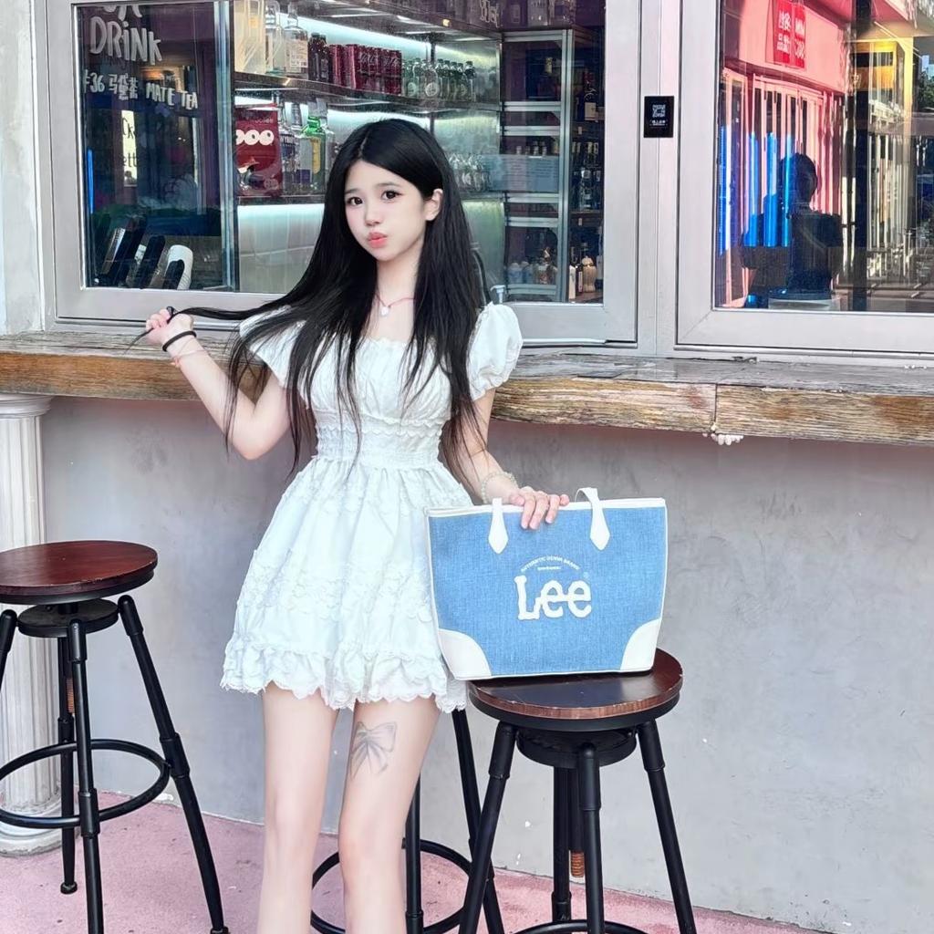 New Lee Denim With PU Panel Tote Denim Bag, Shoulder Bag Regular Women's Light Denim Blue LE240101M-521