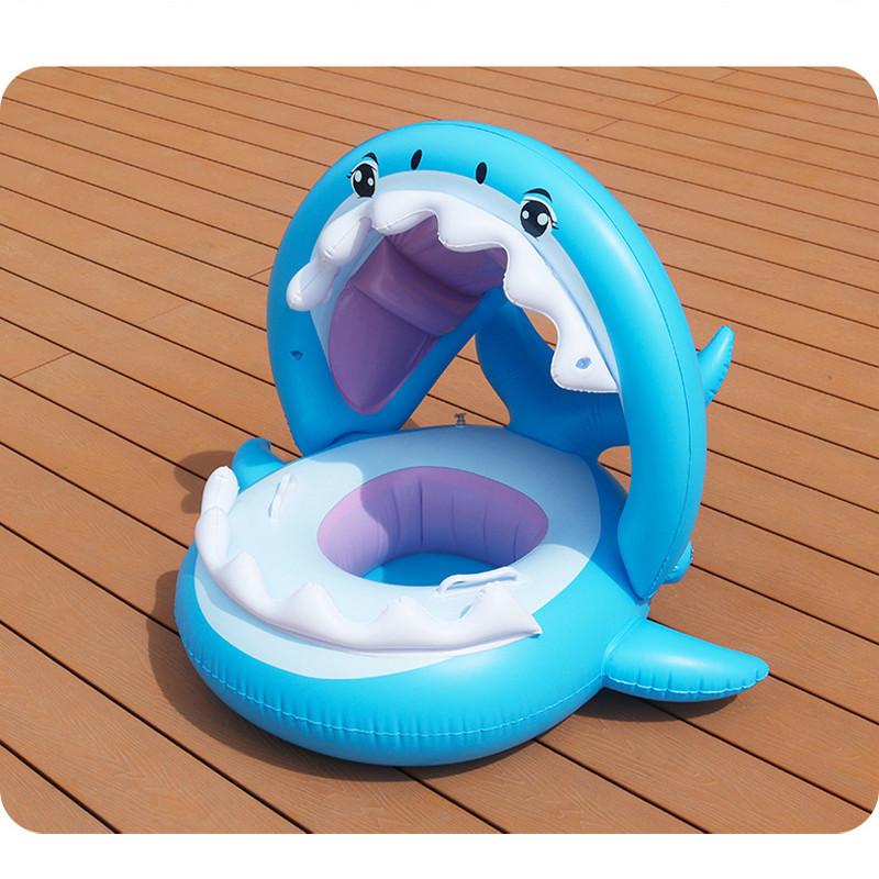 Inflatable Shark Seat Ring Kids Sunshade Shark Yacht Baby Toddler Swimming Handle Seat Ring