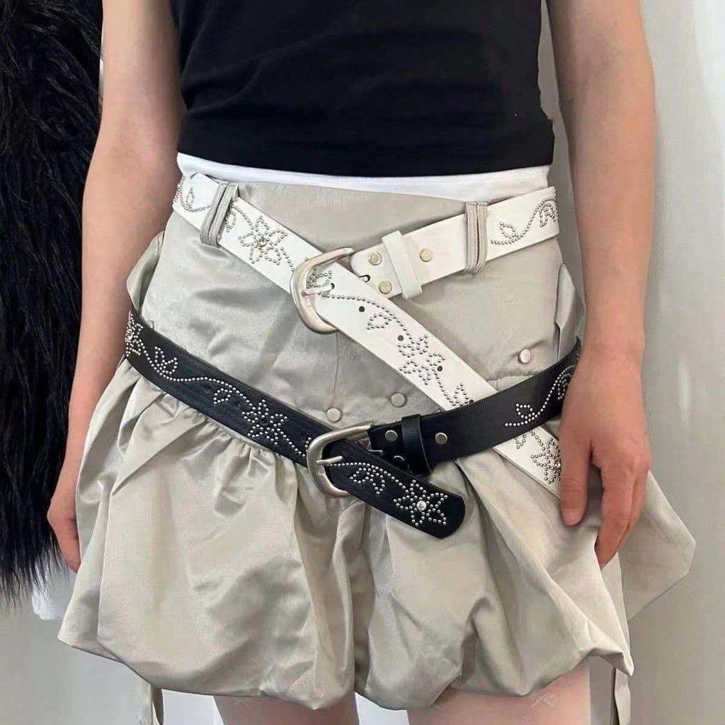 Rivet inlaid flower versatile Korean version jeans, personalized high-end belt, waist belt for women