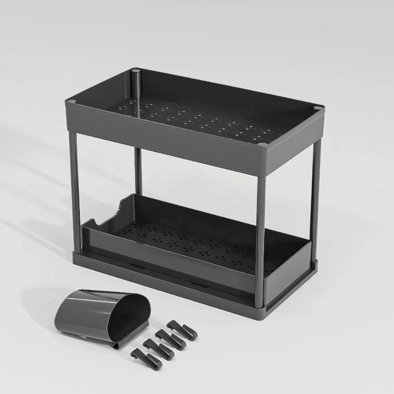 

2Tier Multi-Function Kitchen Sink Organizer,Sliding Cabinet Basket With Hooks Hanging Cup-New Bathroom Kitchen Space-Saving Rack чорний