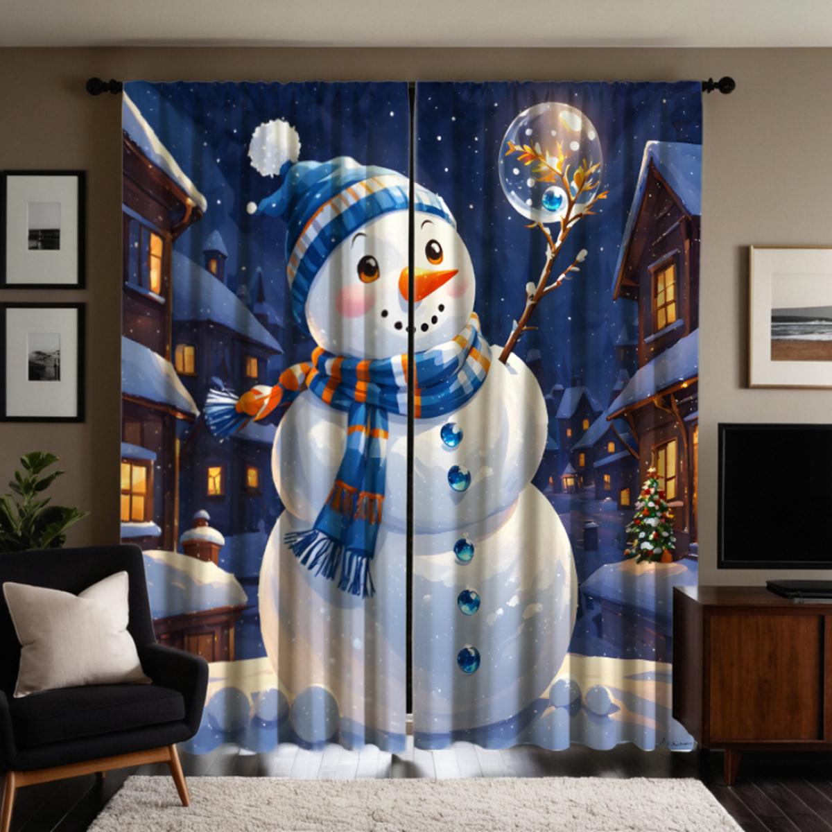 

2 шт. HD снежная ночь теплая снеговик декоративная занавеска белый галстук цифровая печать занавеска украшение дома стиль украшение liv W52H63inchW132H160cm