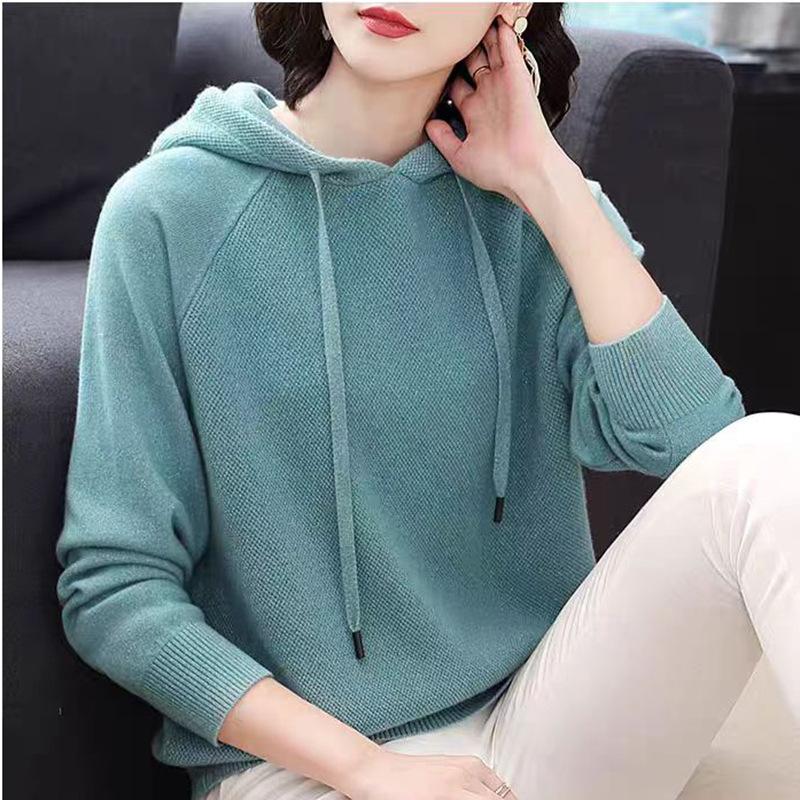 Hooded Drawstring Knitted Sweatshirt for Women Solid Color Loose Sweater Long-sleeved Pullover for Autumn and Winter Women's Sweater Coat