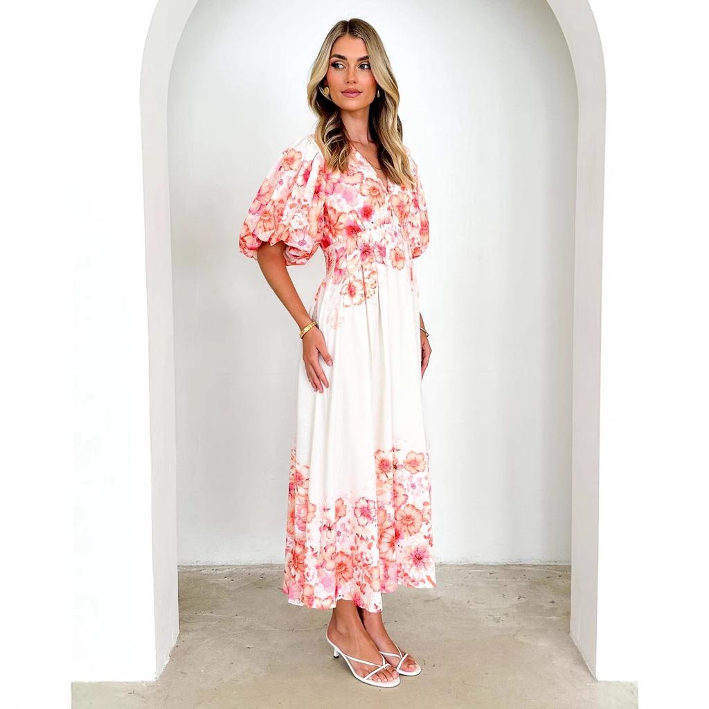 New spring and summer bubble sleeves V-neck women's clothing suspender printing fairy air medium and long temperament big pendulum dress women