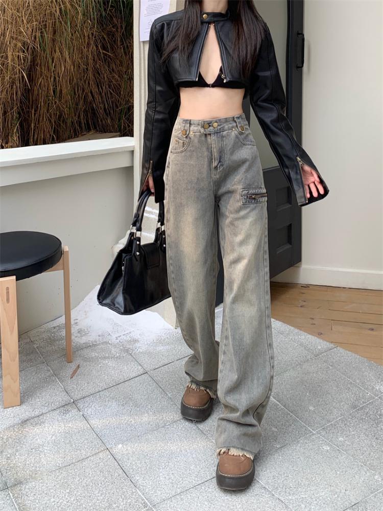 American 2000s Vintage Cargo Jeans Women High Waist Vintage Y2k Harajuku Denim Trousers Female Retro Fashion 90s Casual Wide Pants