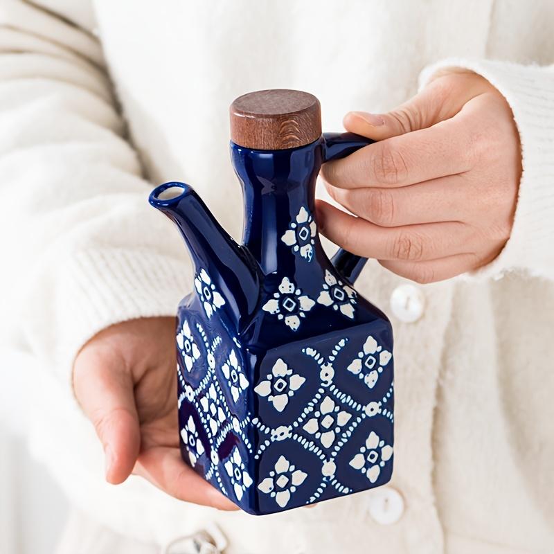 1pc Ceramic Oil Dispenser with Wooden Lid and Handle,Blue and White Porcelain Design,BPA-Free,Freezer Safe, Square Shape for Kitchen Seasoning Storage