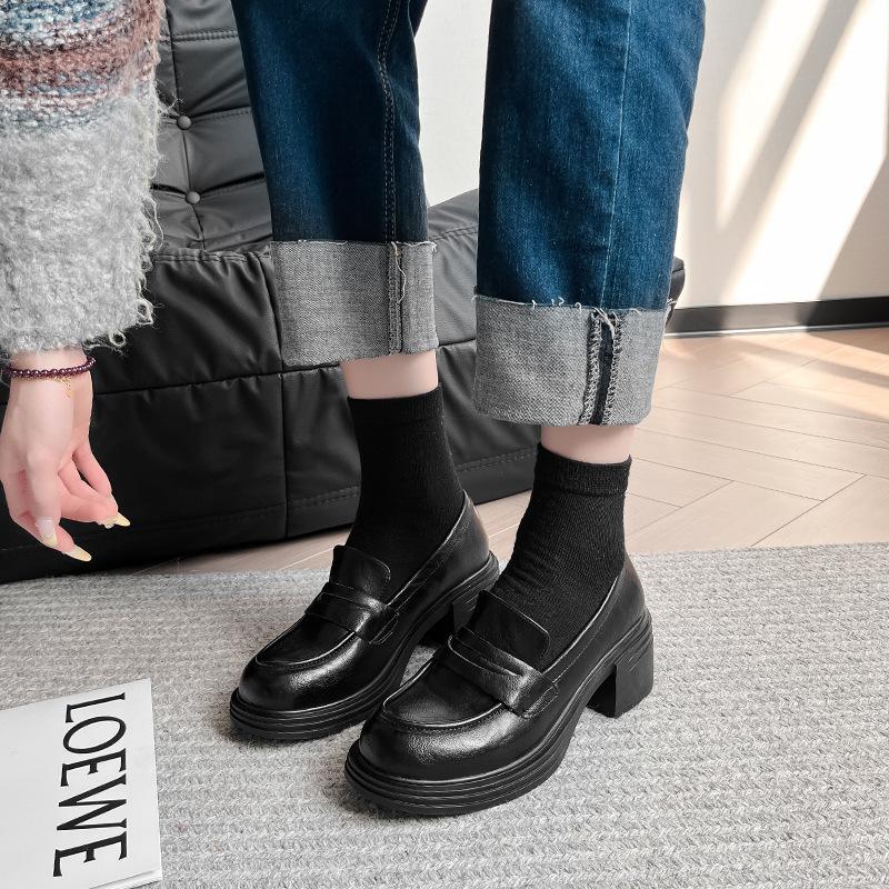 Retro Thick Heel Korean Version of Small Leather Shoes for Women In Spring and Summer 2025, New One-pedal Simple Black Loafers, Single Shoes for Women