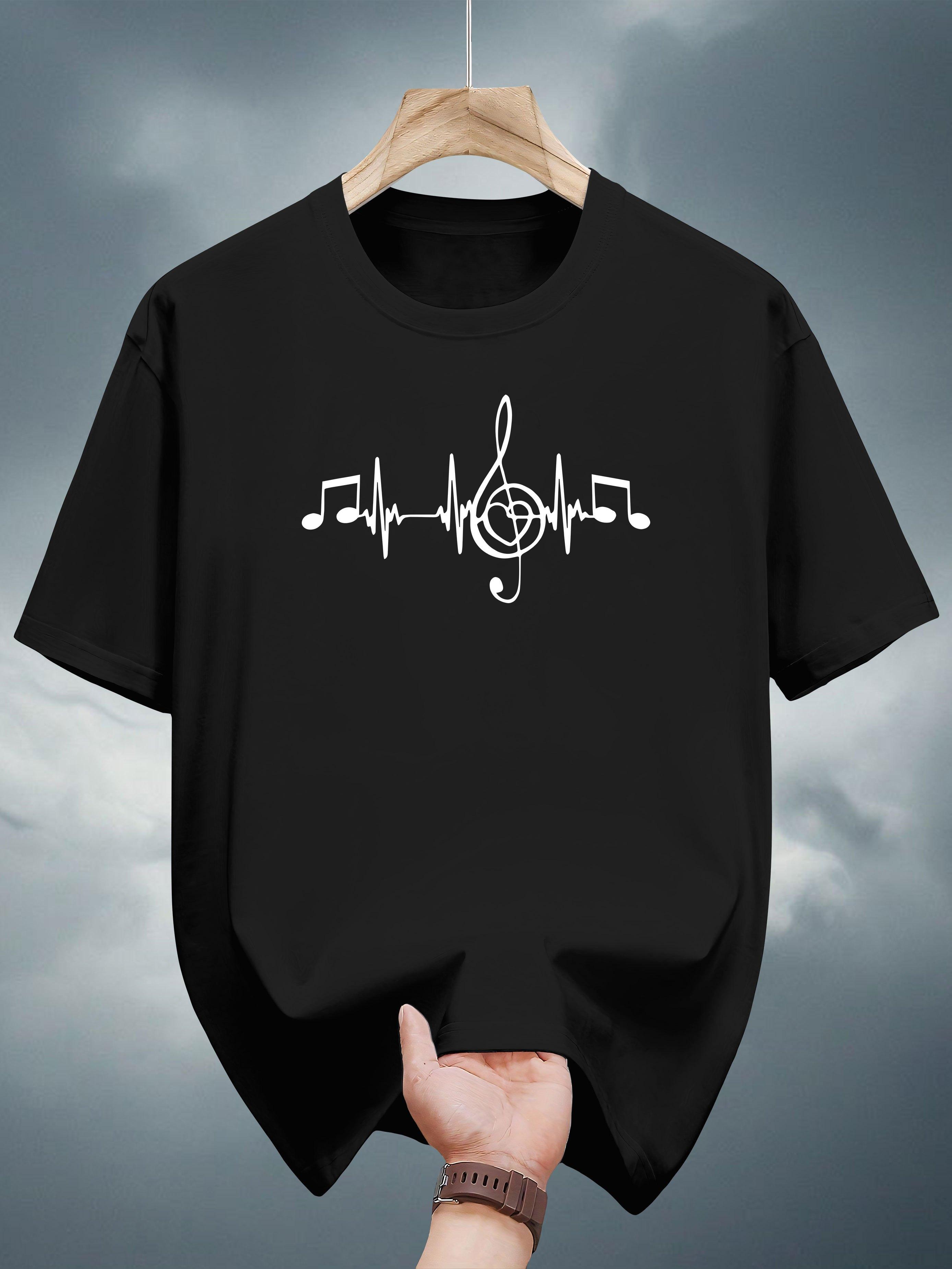 T-shirt with Music Note & Heartbeat Graphic Print - Black Casual Summer Tee XXXXL