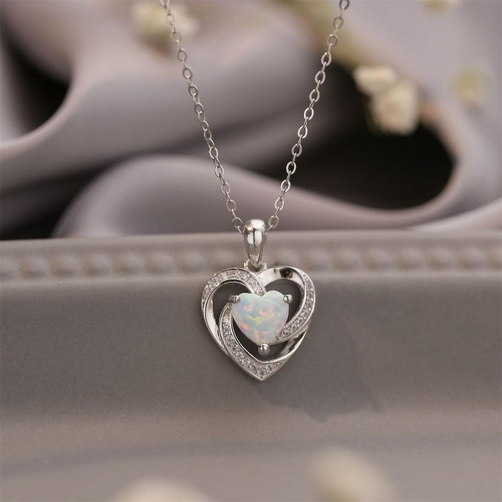 Boho Fashion Heart Shape Pendant Necklace Inlay Imitation White Opal Pendant Necklace for Women Girl Wedding Party  Gifts