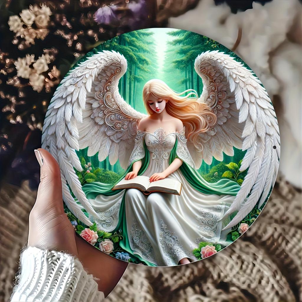 Forest Angel Reading Book Round Metal Tin Sign D Flat Printing Mystical Wall Plaque For Home Decor