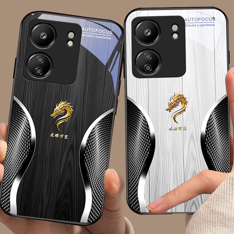 Holz Drache Schwarz Für Xiaomi Redmi 13C Note13 12 Pro Plus 5G Note 9 13T Pro POCO X6 F5 F6 Schwarz Gehärtetes Glas Handyhülle