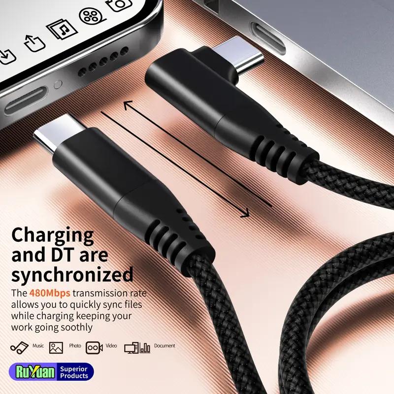 60W 3A USB-C auf Typ-C Schnelllade-Geflechtdatenkabel 90-Grad-Rechtwinkel für iPhone 15 Plus Pro Max Android für iPad