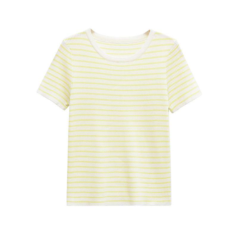 Summer New Product Women's Clothes Minimalist Casual Style T-shirt Stripes Silm round Neck Short Sleeve Knitting Tops 3519020
