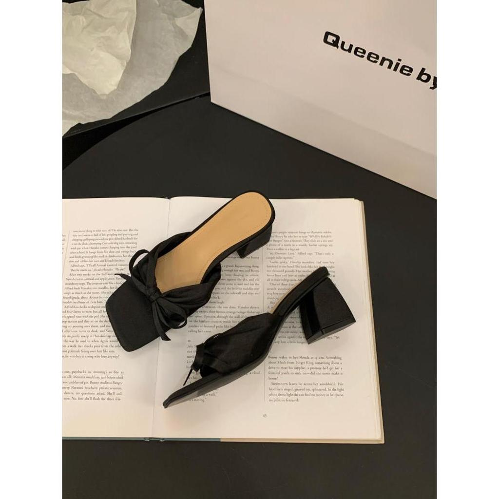 French evening breeze slippers fairy shoes 2025 new summer temperament pink bow sandals high heels sandals