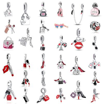 Valentine'S Day Red Lipstick Perfume High Heel Shoes Dangle Charms Beads Copper Fit Original Heart Bracelet Women'S Jewelry