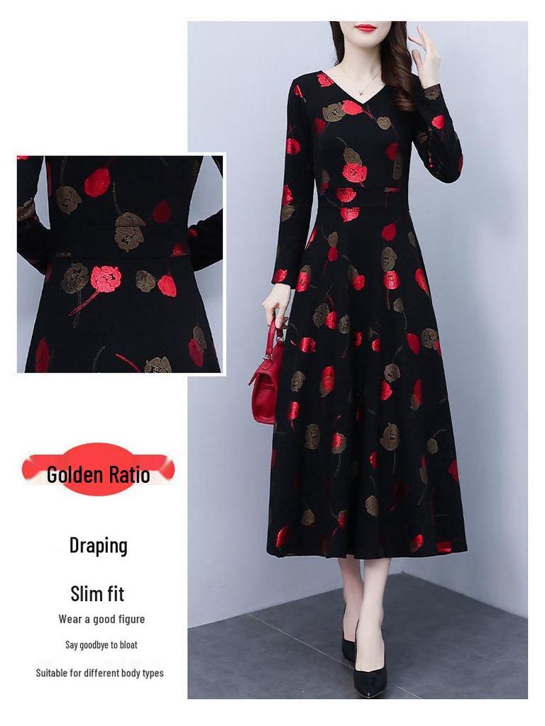 Spring & Fall V-Neck A-Line Dress for Middle-aged Women: Mid-length, Printed, Waist-cinching, Wide Hem