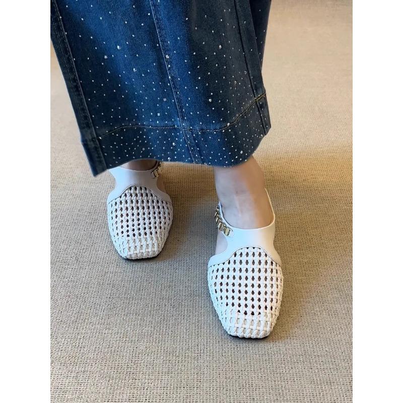 Moda 2025 Wiosna Lato Moda Tkane Obcasy Damskie Klapki Mules Oddychające Ażurowe Kwadratowe Obcasy Klapki Damskie Sandały