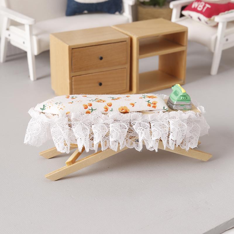 1:12 Dollhouse Miniature Wooden Ironing Board Mini Flat Iron Furniture Model Sewing Life Scene Decor Toy Micro Scene Props