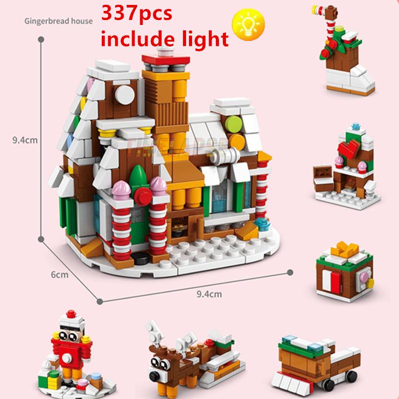 DIY 8in1 Lights Christmas Elk Deer Santa Claus Train Architecture Store Street View Xmas Tree Snow House Building Block Kit Toy
