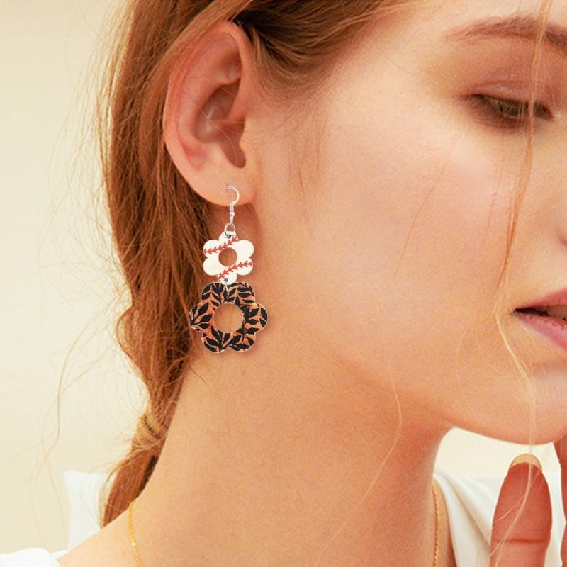 Retro Wood Earrings with Unique Hollow Flower and Cow Pattern Elegant Drop Ear Pendant for Stylish Ladies
