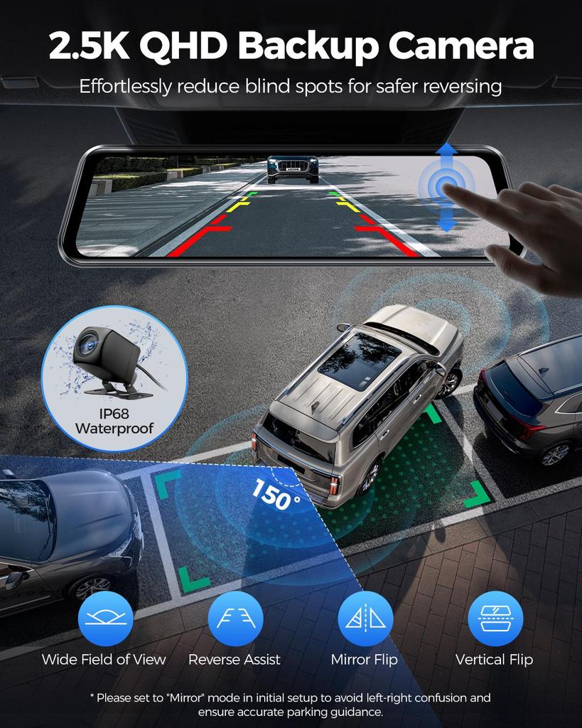 AZDOME PG17 Max 4K+2.5K Mirror Dash Cam with ADAS BSD and LCA 12" Rear View Mirror Camera with 5GHz WiFi Includes 64GB Card