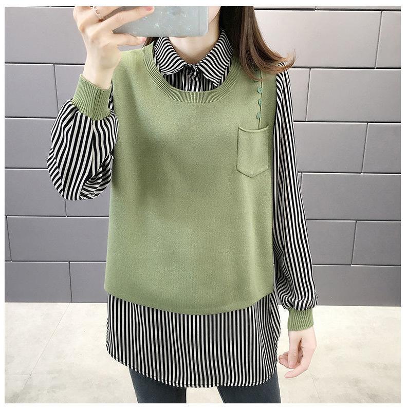 Sweater Women Autumn New Outer Wear Loose Shirt Collar Fake Two Piece Knit Sweater