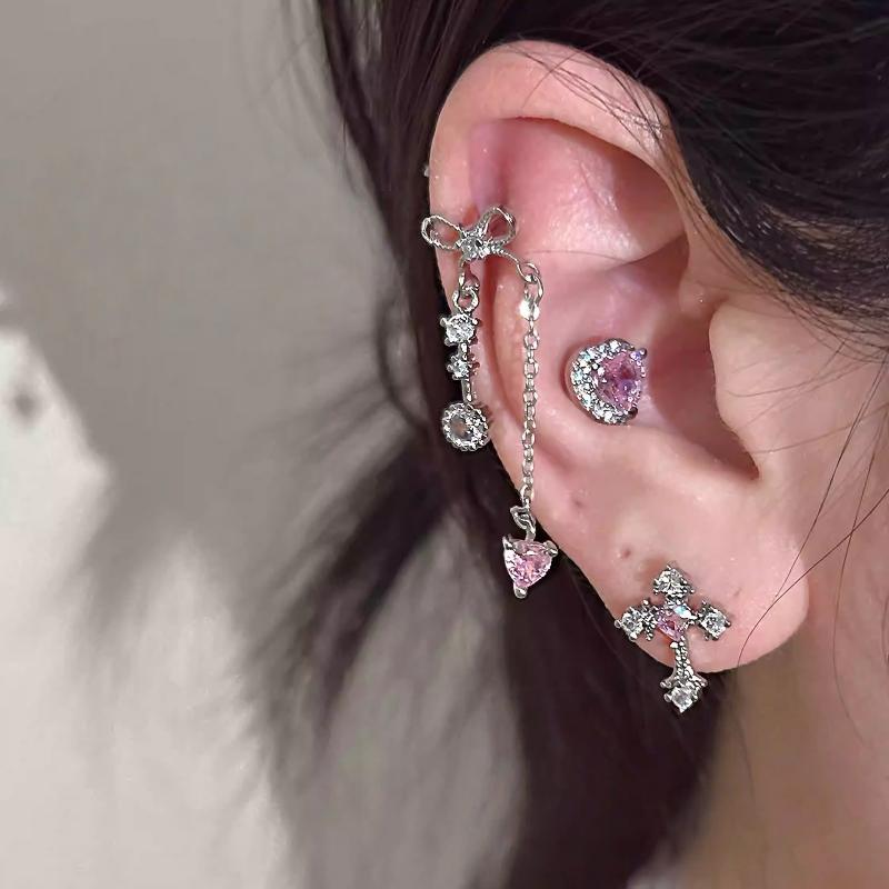 Sweet Bowknot Tassel Ear Bone Nail For Women Korean Bling Zircon Earrings Stainless Steel Accessories Jewelry