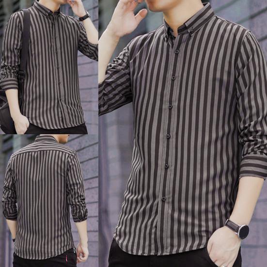 Men Shirt Formal Single-breasted Stripe Turn-down Collar Business Shirt for Work