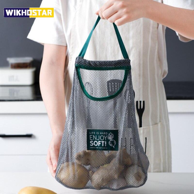 Fruit Vegetables Shopping Storage Bags Reusable Tote Mesh Net Woven Organizer Kitchen Shopper Vegetable Hanging Sorting Pocket