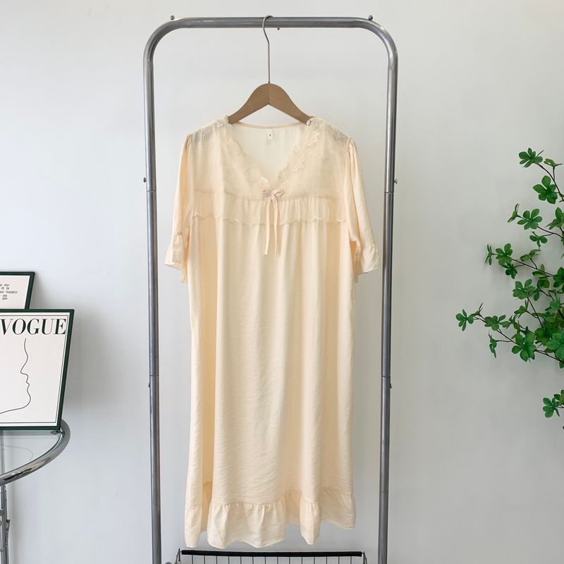 Nightdress Women's Summer Thin Tencel Cotton Nightdress Short Sleeve Cute Lace Large-Sized Skirt Real Silk Cotton Dress Fancy