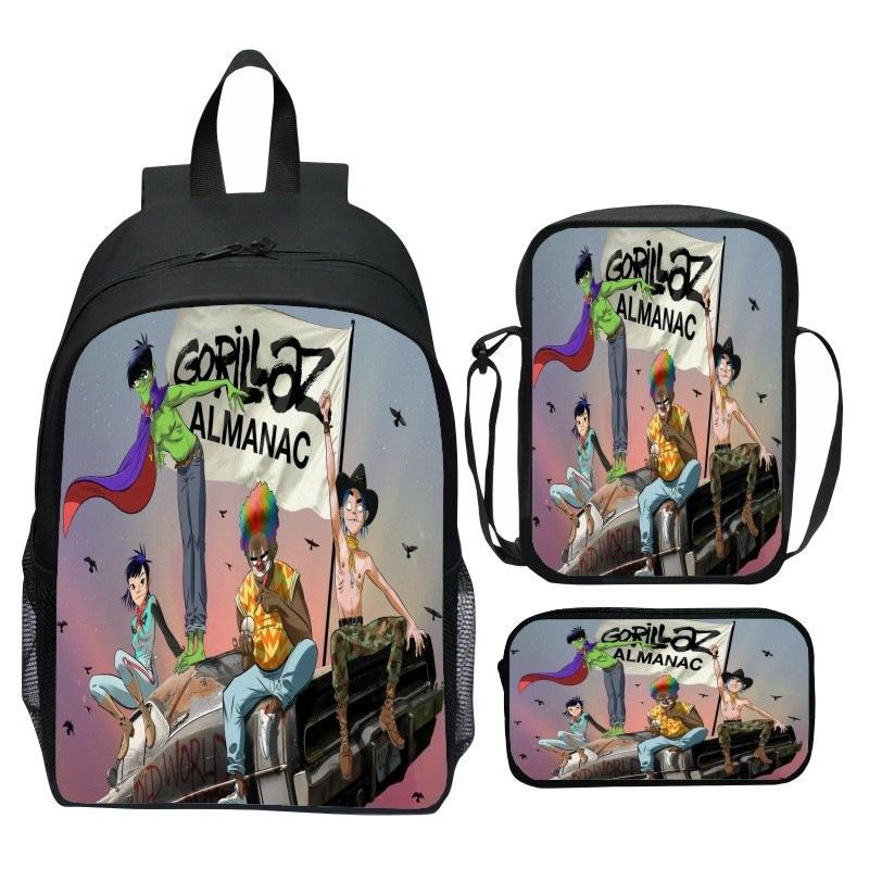 Gorillaz UK Virtual Band Printed Cartoon Backpack 3-Piece Set School Bag Lightweight Large Capacity