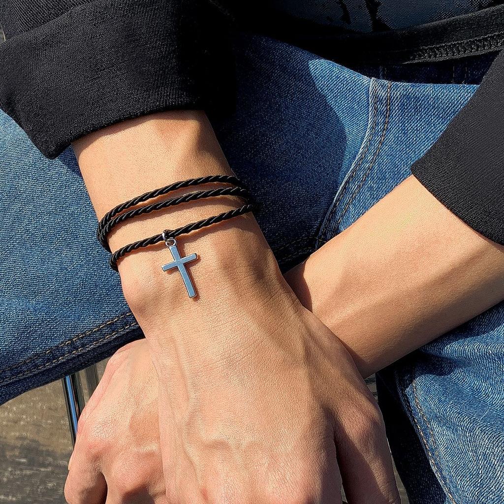 Layered Braided Statement Bracelet for Men Fashion Personality Black Cuff Ethnic Jewelry