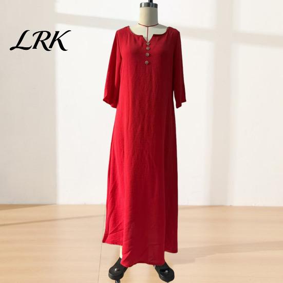 Comfortable Summer Dress Loose Maxi for Women, 3/4 Sleeve Button Up Everyday Wear V Neck Casual Long Dress, Flowy Beach Sundress Fit