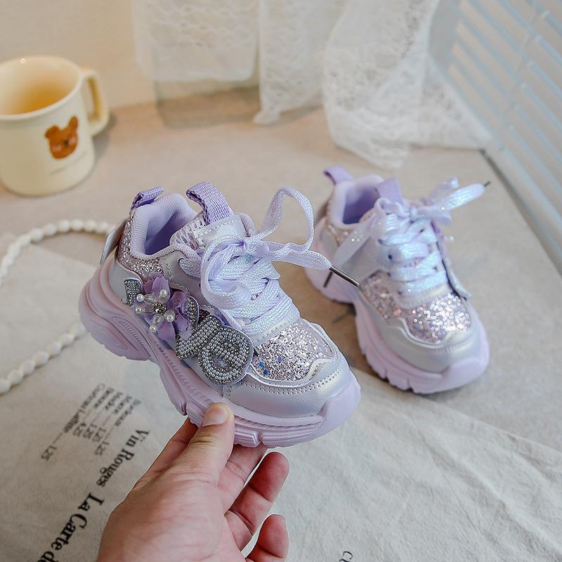 2025 autumn new baby sports shoes children's flowers bright diamond dad shoes soft sole non-slip little girl foreign tide