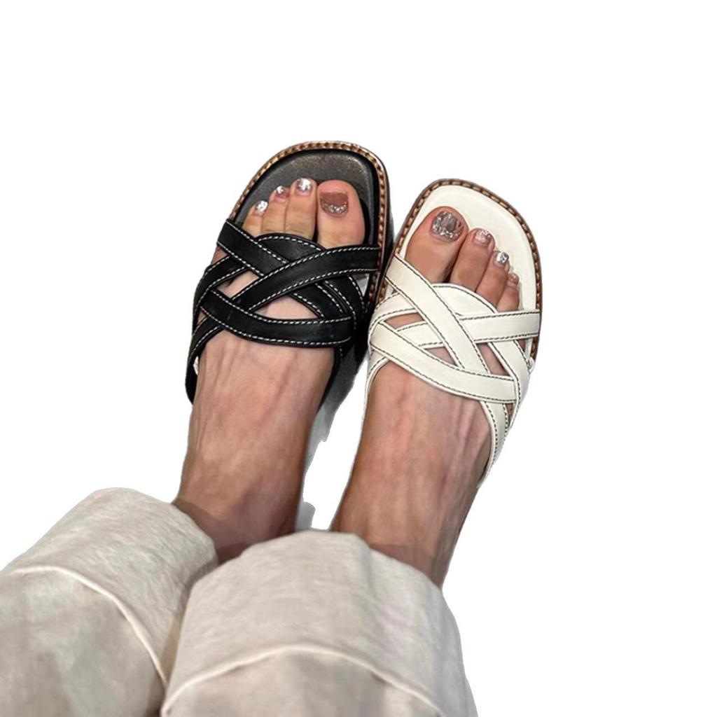 Sheep pattern version~ leather pattern retro hollow woven one-word drag fashionable casual versatile outer wear beach vacation cool slippers