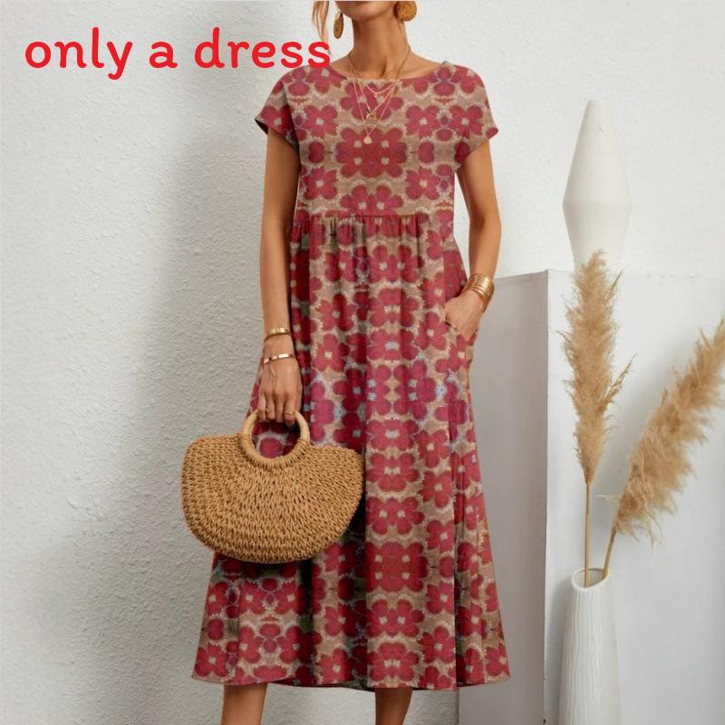 Cotton Linen Floral Print Summer Dress With Round Neck For Women