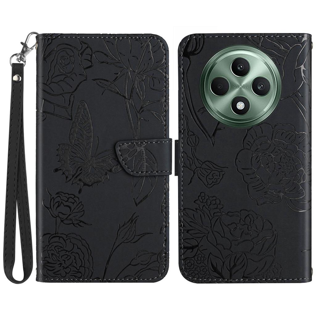 HT03 Für Oppo Reno12 F 5G Lederhülle mit Handschlaufe Schmetterling Blumen Prägung
