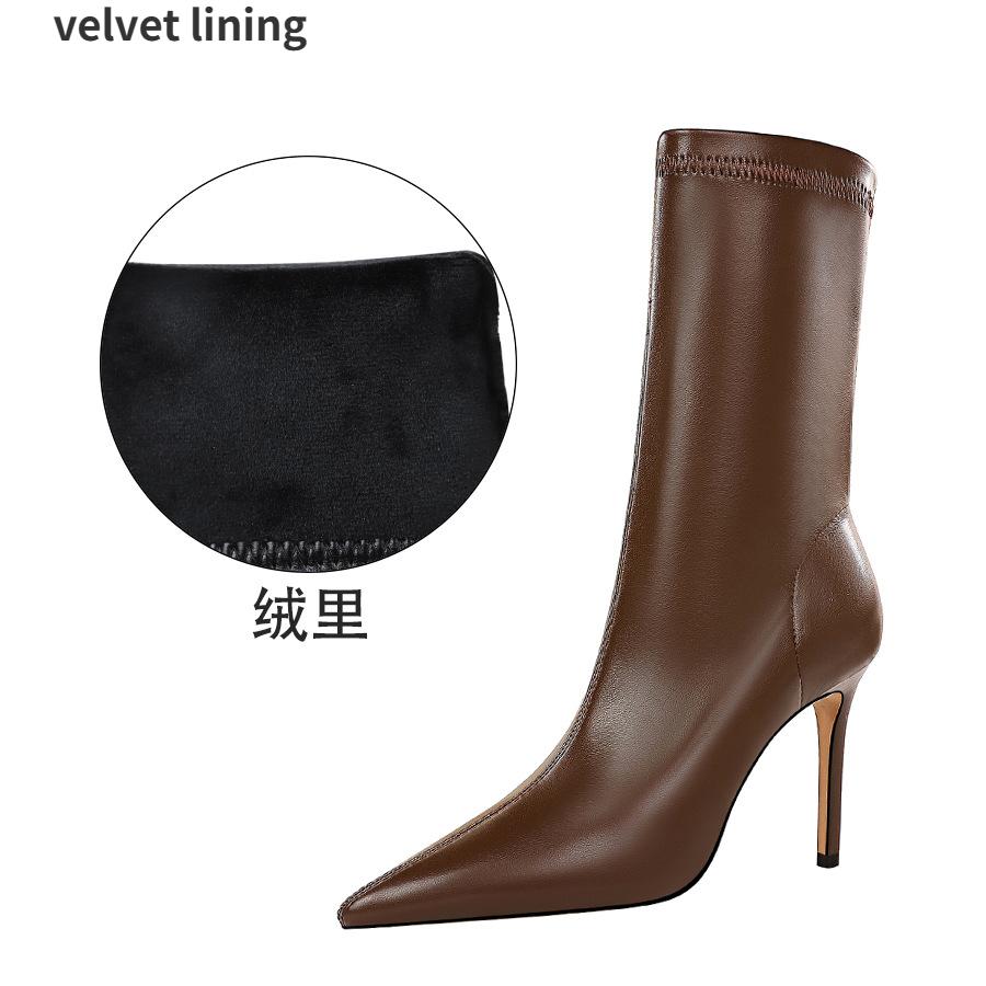 Women 9.5cm High Heels Leather Boots Lady Low Heels Short Ankle Boots Stripper Winter Warm Snow Plush Pointed Toe Shoes