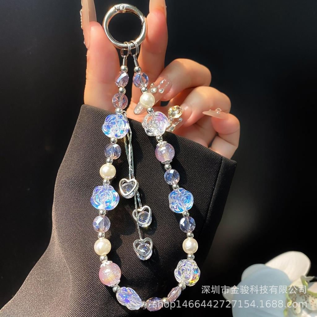 Wholesale Phone Chain Alloy Heart Zircon Tassel Hanging Chain Acrylic Rose Flower Wrist Beaded Phone Case Lanyard