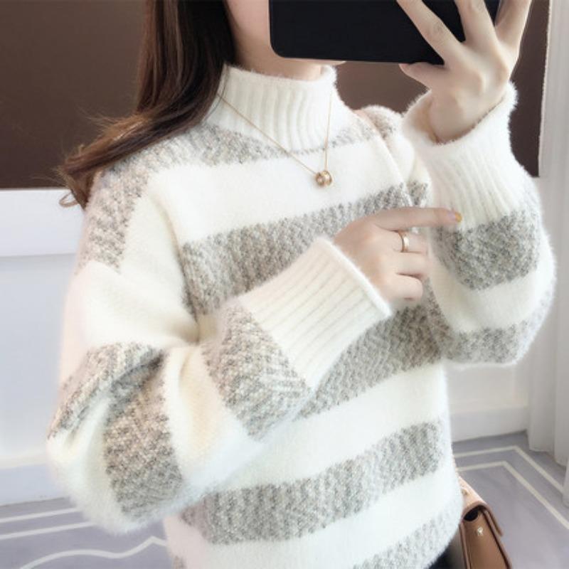 Autumn Casual Half High Collar Knitted Sweater Women Fashion Long Sleeve Loose Striped Winter Pullovers Sweaters Women Elegant Warm Lady Jumpers 25522