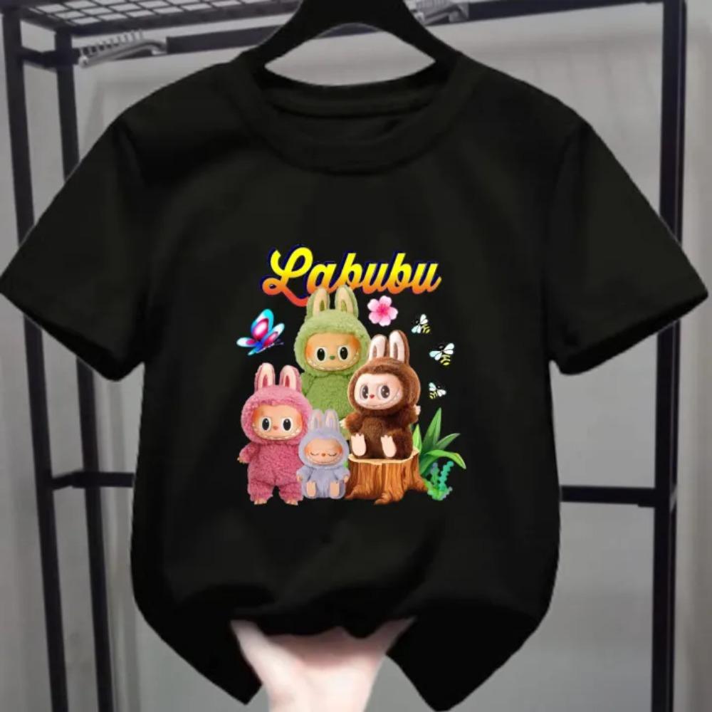 New Labubu Children's T-shirt LABUBU with Cute Butterfly Cartoon Pattern Girl Round Neck Short Sleeved Casual Versatile Clothing